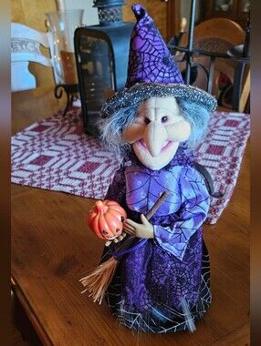 Vintage KDS Purple Fiberoptic Witch Plush Figurine with Orange Pumpkin Accessory